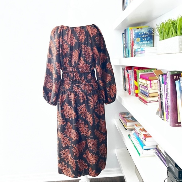 Rebecca Taylor Arden Fern Silk MIDI Dress Black/Copper Colored floral print L - Picture 8 of 16
